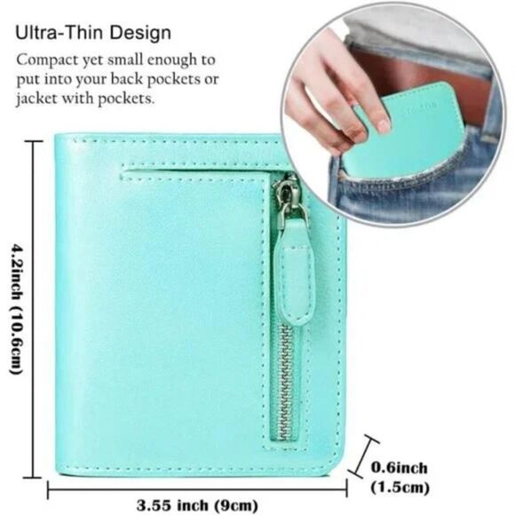 NEW SMALL Wallets Cowhide Leather for Women, Natural Leather Caribbean Green - Picture 5 of 6